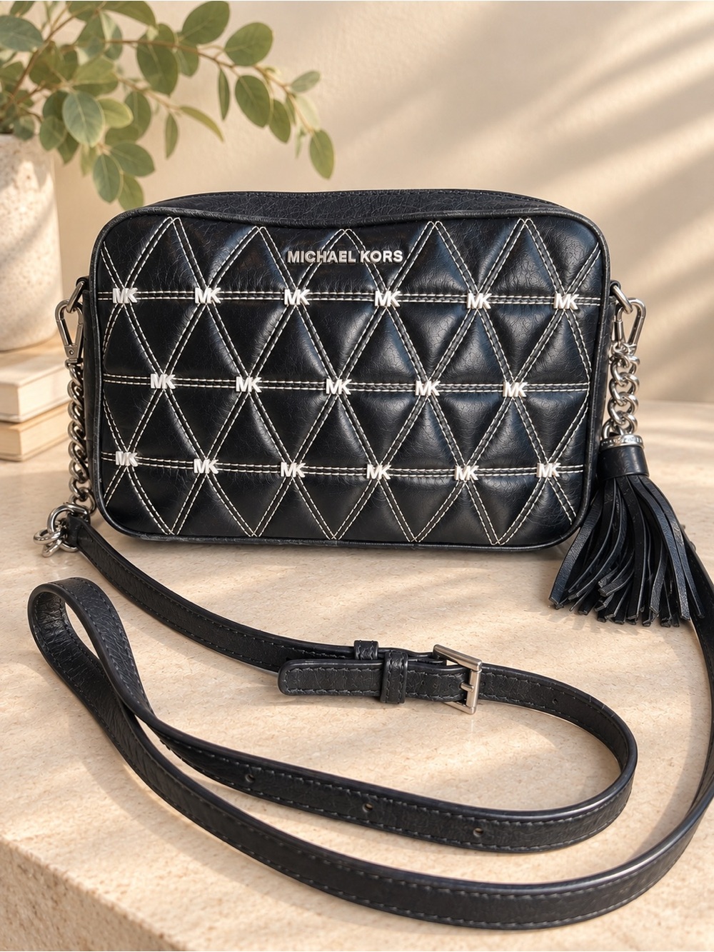 Michael Kors Ginny Black Quilted Leather Crossbody with Tassel and Chain